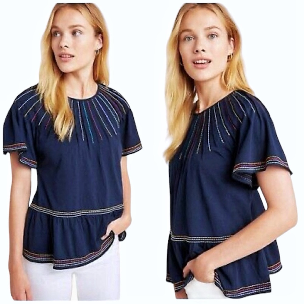 Maeve Anthropologie Chamonix Rainbow Embroidered Swing Top Size Extra Small Blue